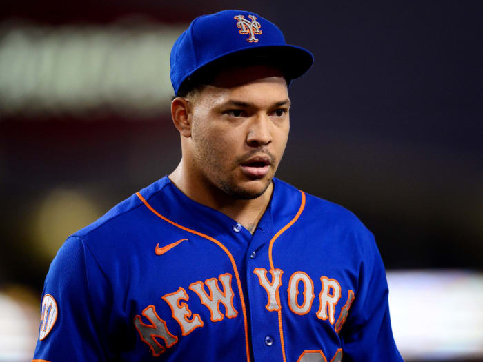 Aug 19, 2021; Los Angeles, California, USA; New York Mets starting pitcher Taijuan Walker (99) against the Los Angeles Dodgers during the second inning at Dodger Stadium.